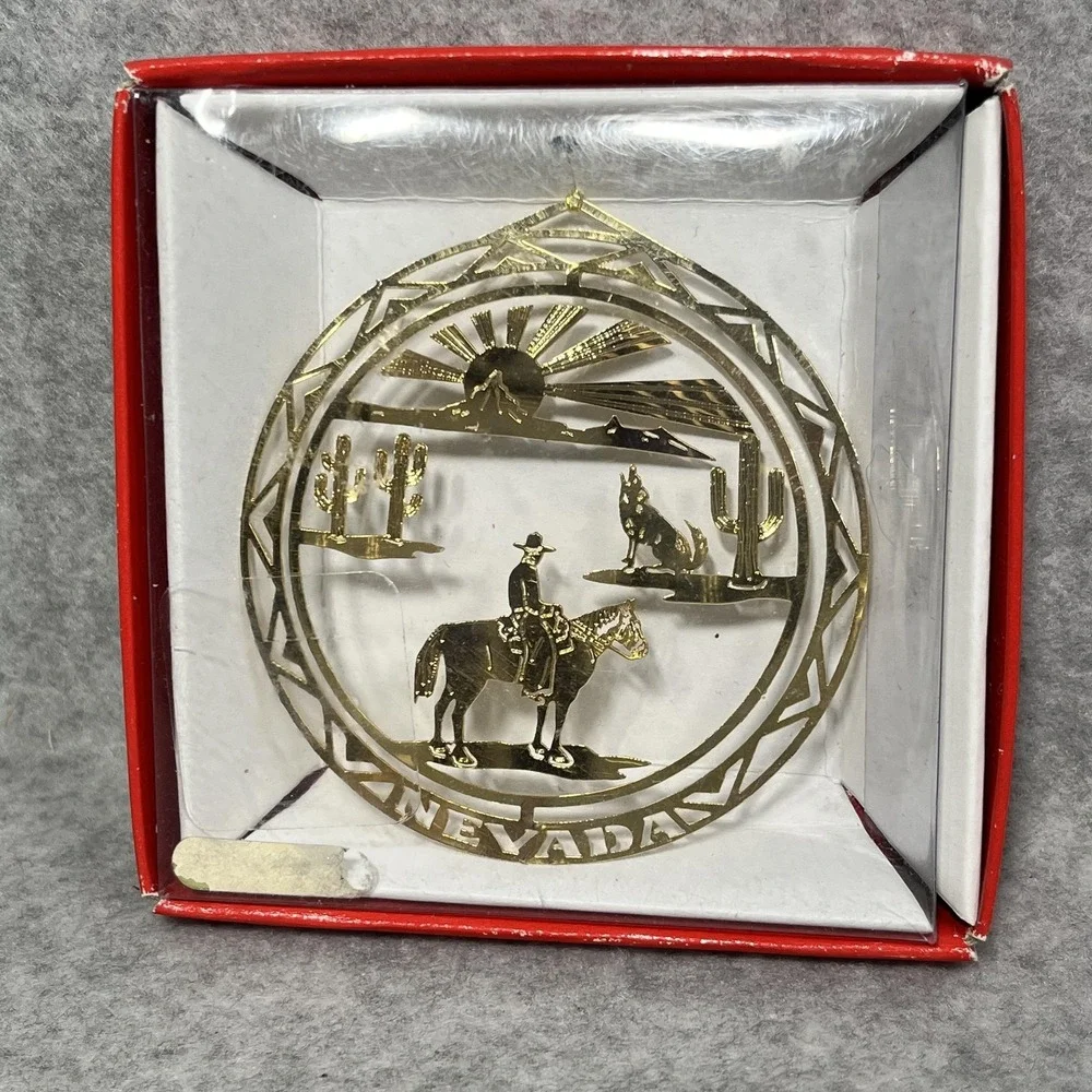 Nevada Ornament Gold‎ Metal Cowboy Horse Desert Christmas Nations Treasures Box